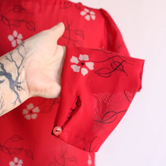 Vintage 1990s 2000s Blouse, Pant-her Red and White Floral Print Shirt Grandma - Picture 9 of 10